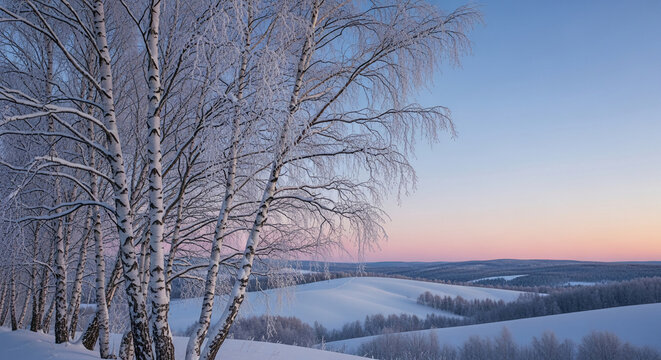 Winter landscape featuring birch tree covered in frost, set against a horizon of soft dawn colors, suggesting stillness and natural serenity