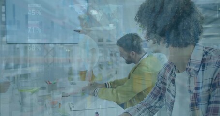 Animation of financial data processing over diverse business people having meeting at office - Powered by Adobe