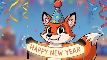Joyful cartoon fox in a party hat with banner and fireworks, celebrating a festive New Year vibe.