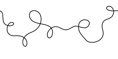 Seamless cable squiggle line in black, smooth curve drawing with a wavy loop. This seamless cable squiggle line fits trendy layouts.