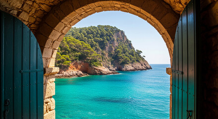 Open turquoise door leads to scenic ocean view with tree-covered hill and blue sky, evoking feeling of discovery, serenity, and connection to nature