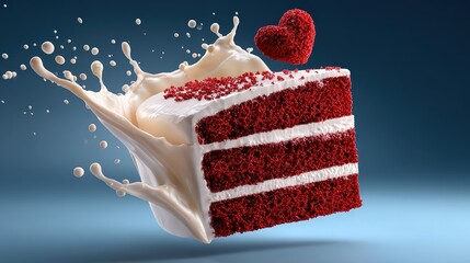 Red Velvet Cake Slice with Milk Splash and Heart