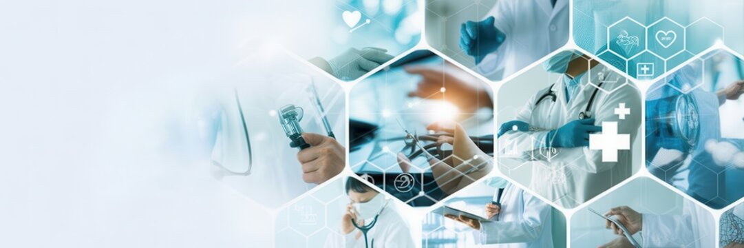 Collage of medical professionals and technology in hexagonal frames, representing healthcare innovation and digital medicine concepts