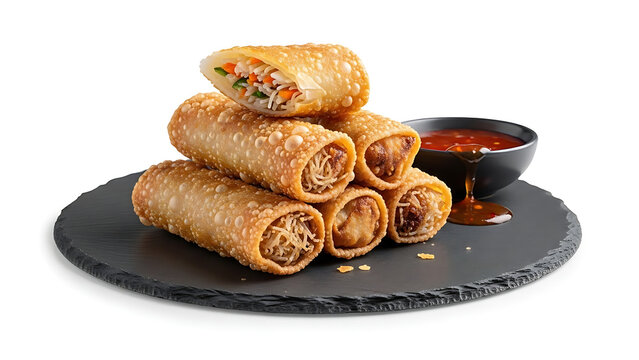 Crunchy Deep Fried Egg Rolls served with Sweet Chili Dipping Sauce on a Black Slate Plate. Halved Roll showing Fresh Vegetable Filling. Authentic Asian Appetizer.