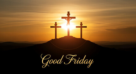 Three crosses on a hill with bright sun for good friday christian holiday background