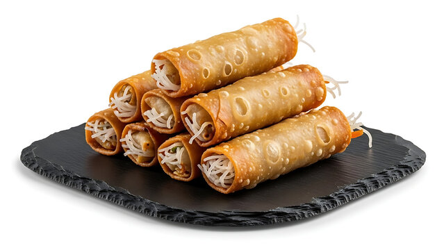 Crispy Fried Spring Rolls Stacked on a Black Slate Board. Golden Brown Asian Appetizer filled with Vegetables and Glass Noodles. Traditional Oriental Finger Food
