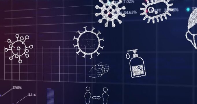 Animation of data processing, white particles and covid-19 text icons against blue background