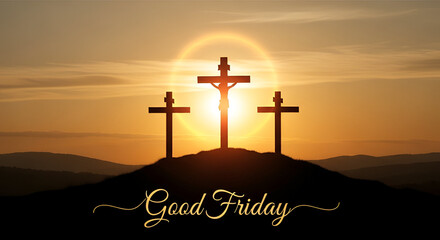 Three crosses on a hill at sunset for good friday religious holiday background