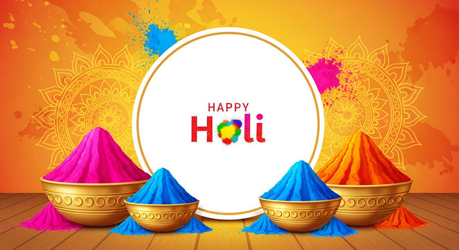 White circular frame with blue and pink powder mounds and happy holi text design for greeting