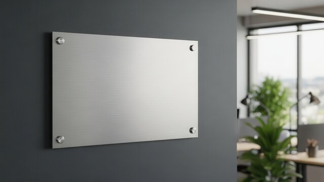 Blank brushed metal sign mockup on dark wall in modern office interior background