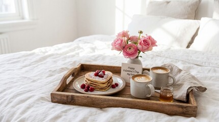 wooden tray with heart shaped pancakes, coffee and flowers on white bed. romantic valentine's day breakfast surprise. love celebration concept. greeting card, banner, website header with copyspace.