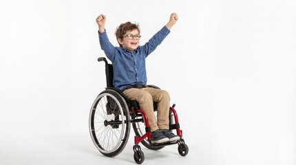 happy caucasian boy sitting in wheelchair with raised arms. kid celebrating success and victory. disability inclusion concept. banner, website header with copy space.