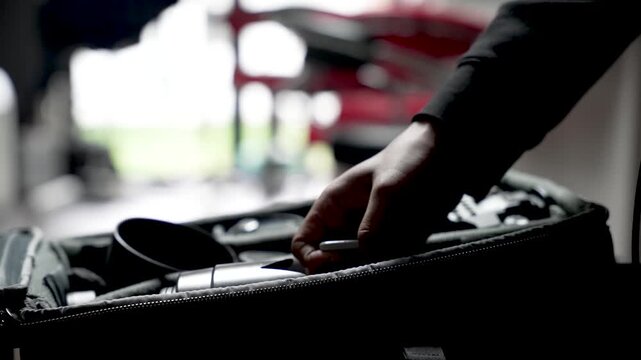 A photographer's hand reaches a lens in a compact indoor camera bag, ready for shoot.