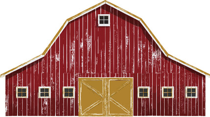 A rustic red barn with a golden roof, windows, and doors, depicting a rural, weathered structure