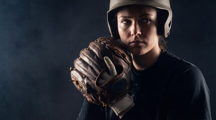 caucasian female softball player holding glove near face. dramatic lighting on dark background. serious athlete portrait. sports poster, banner with copyspace.