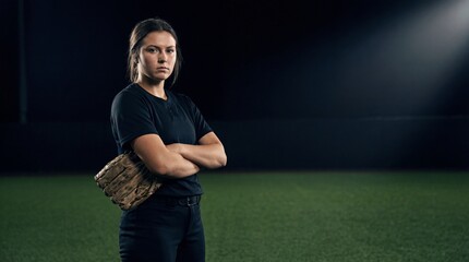 serious caucasian softball player posing on field at night. young female athlete in black uniform with glove. stadium lights background. banner, website header with copyspace. sport poster.
