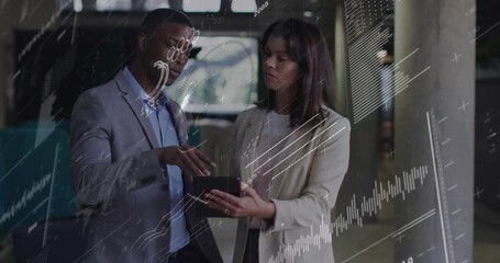 Animation of financial data processing over diverse businesspeople in office - Powered by Adobe