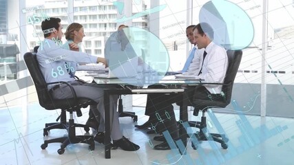 Animation of financial data processing over diverse business people in office - Powered by Adobe