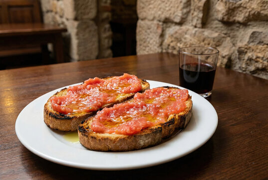 Tostas de pan artesano con tomate rallado y aceite de oliva virgen extra servidas con un vaso de vino tinto en una taberna r&uacute;stica de piedra