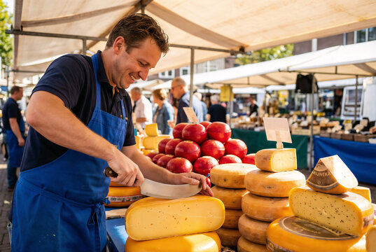 Cheerful Cheesemonger in Blue Apron Working at Market Stall