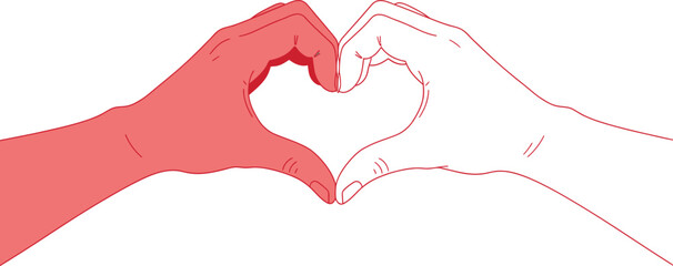 Two distinct hands one red and one white come together precisely in the center to form a universal symbol of connection and deep affection