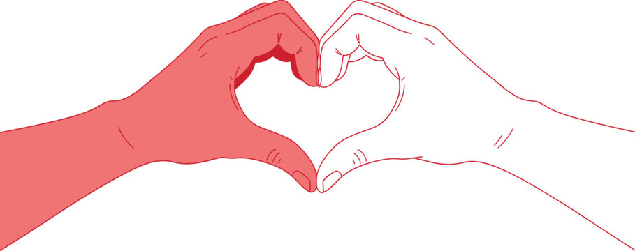 Two distinct hands one red and one white come together precisely in the center to form a universal symbol of connection and deep affection