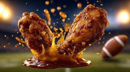 Crispy Buffalo Chicken Wings Splashing in Sauce with Football Stadium