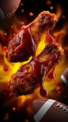 Spicy Buffalo Wings with Hot Sauce and Football Game Day Background