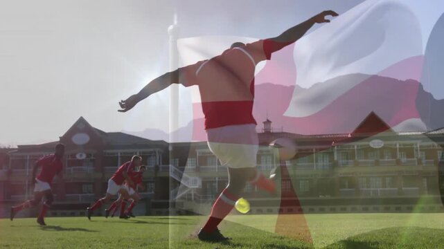 Running on field, rugby players in red uniforms with flag animation overlay