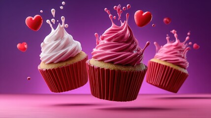 Floating Pink Cupcakes with Splashing Frosting and Hearts