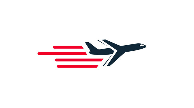 A stylized airplane graphic with red speed lines on a white background, minimal design