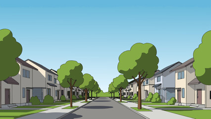 Residential street cartoon illustration rows of modern homes green trees clear blue sky neighborhood