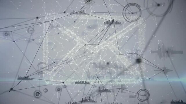 Camera shifting lighting nodes and linking lines, clusters forming envelope icon showing flow