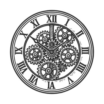 vintage clock with Roman numerals and visible interlocking gears representing time and precision mechanics sketch engraving generative ai vector illustration. Scratch board imitation. Black and white.