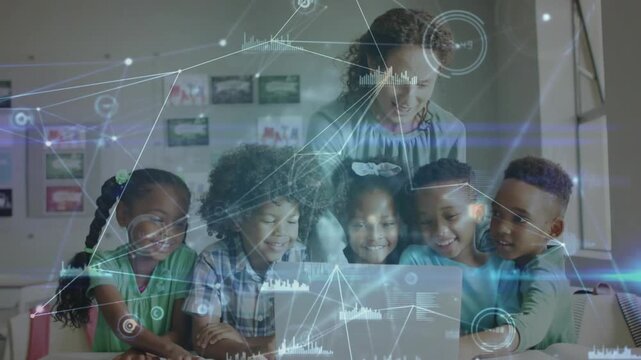 Teacher opening laptop guiding students analyzing data overlay with animated graphs in education