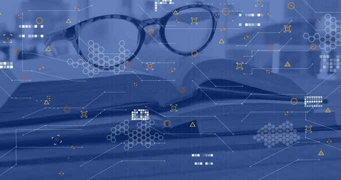 On start digital shapes fading over tortoiseshell glasses animating HUD grids visualizing book data