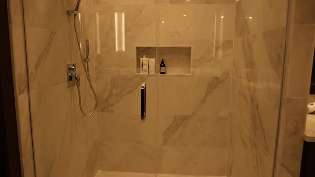 A modern bathroom shower features a marble tiled enclosure with a built in niche holding toiletries The overhead lighting creates a warm inviting atmosphere for a relaxing shower experience