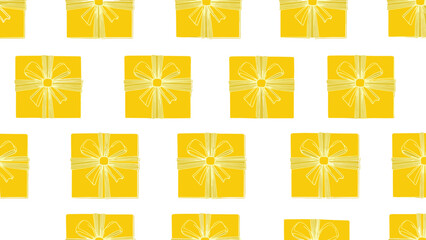 Seamless pattern features a grid of yellow gift boxes with white ribbon bows to represent celebration, birthdays, and holiday giving.