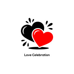 Minimalist red black heart icon with festive splash droplets for romantic love celebration branding Valentine Day and wedding events.
