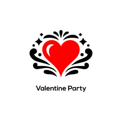 Minimalist red heart logo with elegant black decorative flourishes and stars for Valentine Day party branding romantic event design.
