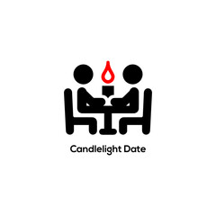 Minimalist black icon showing a couple sitting at a dining table with a red candlelight flame for romantic date.
