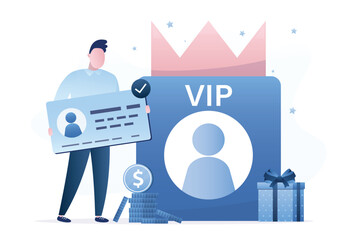 Male character uses premium bank card to receive privileged services. Wealthy client membership in VIP luxury club, star lifestyle. VIP account with crown, bonuses and money.