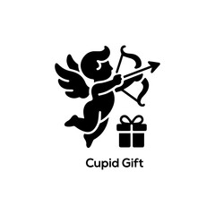 Minimalist black silhouette of flying cupid with bow and arrow and gift box for Valentine Day branding and design
