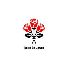 Minimalist red rose bouquet icon with black stems and leaves for romantic gifts Valentine's Day wedding and florist branding.
