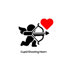 Minimalist black cupid silhouette shooting bow and arrow with a red heart for Valentine's Day love romance and branding.
