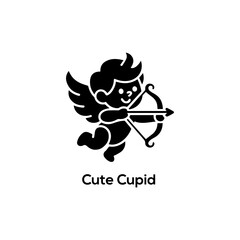 Minimalist black silhouette of a cute cupid cherub with bow and arrow for Valentine Day romance dating and branding.
