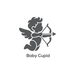 Gray minimalist baby cupid silhouette icon flying with bow and arrow for Valentine Day romance dating and creative branding.
