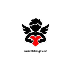 Minimalist black silhouette of a cute cupid holding a red heart for Valentine Day love romance and modern branding.
