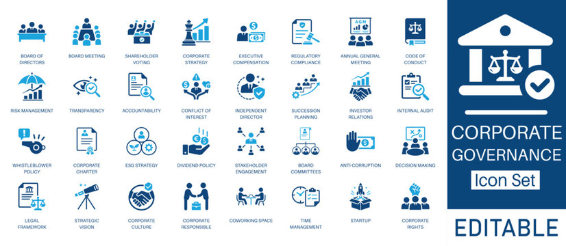 Corporate Governance and Business Strategy solid icon set. Includes symbols for Board of Directors, ESG Strategy, Risk Management, and Compliance. Solid vector icons for management.