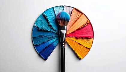 Obraz premium Circular color palette with brush, vivid pigment hues on white surface